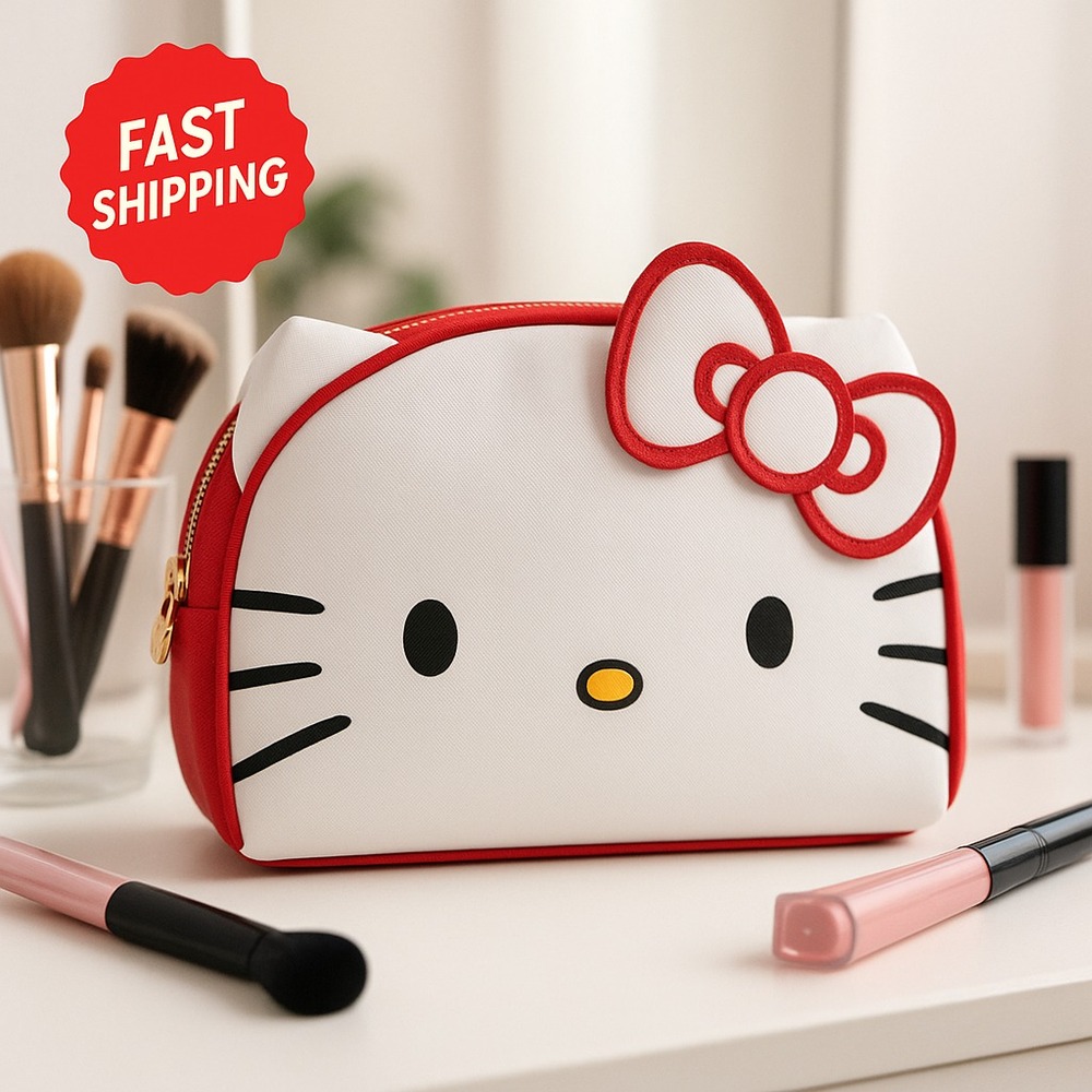 Sanrio‎ Hello Kitty Face Cosmetic Bag/Pouch Red Bow Zip Travel Case